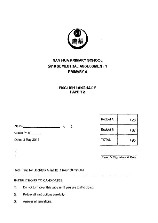 Nan Hua P6 Eng WA2 2018 exam paper PDF first page preview