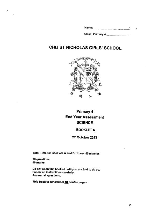 CHIJ P4 Sci SA2 2023 exam paper PDF preview