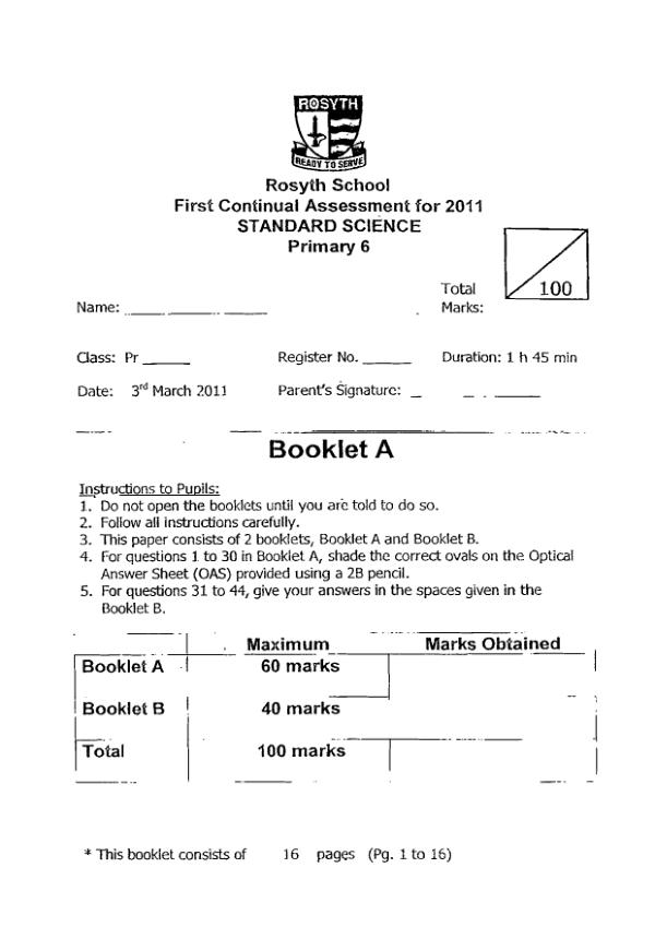 Rosyth P6 Sci WA1 2011 exam paper PDF preview
