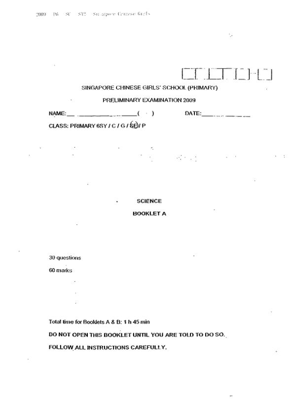 Singapore Chinese Girls P6 Sci SA2 2009 exam paper PDF preview