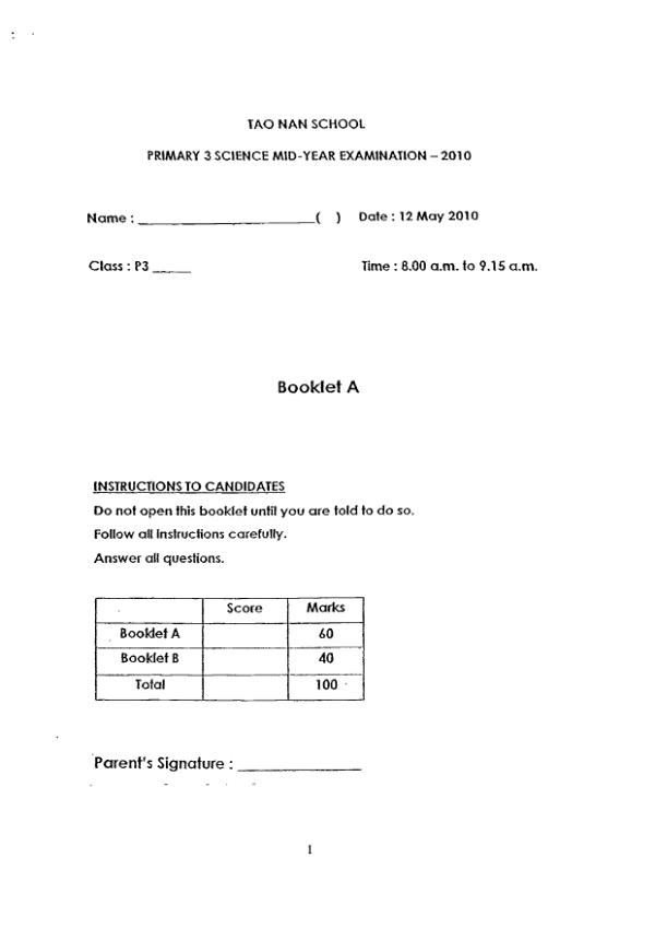 Tao Nan P3 Sci WA2 2010 exam paper PDF preview
