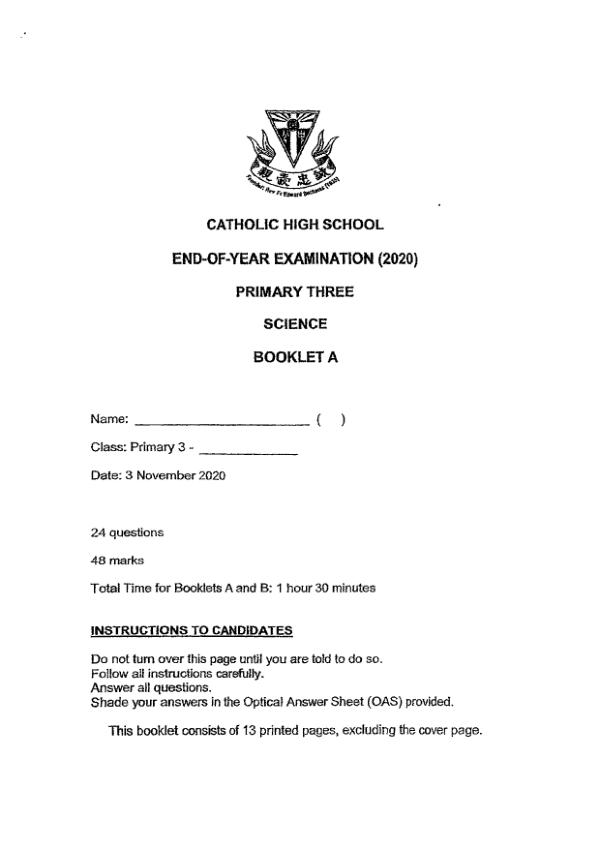 Catholic High P3 Sci SA2 2020 exam paper PDF first page preview
