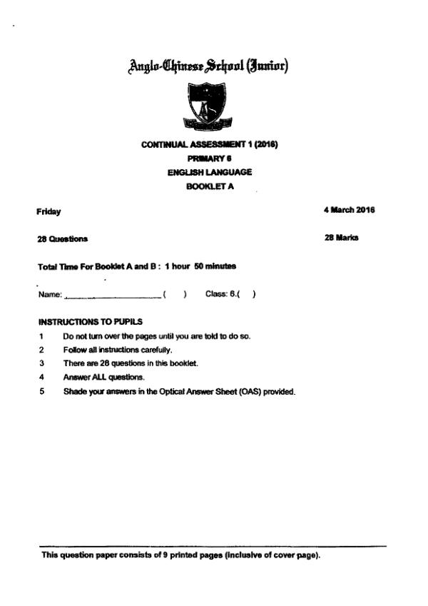 Anglo Chinese P6 Eng WA1 2016 exam paper PDF preview