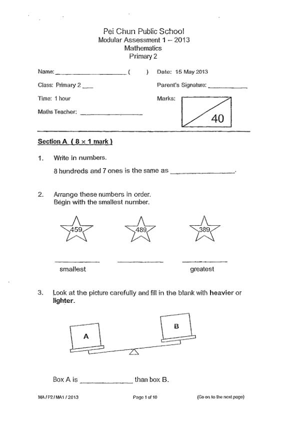 Pei Chun P2 Math WA2 2013 exam paper PDF first page preview