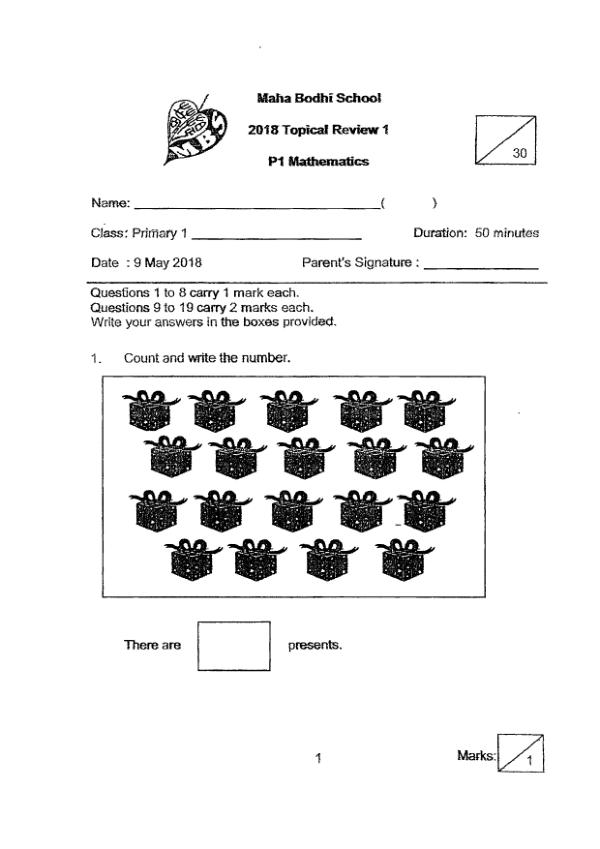 First page preview of P1 Math 2018 WA1 — Maha Bodhi