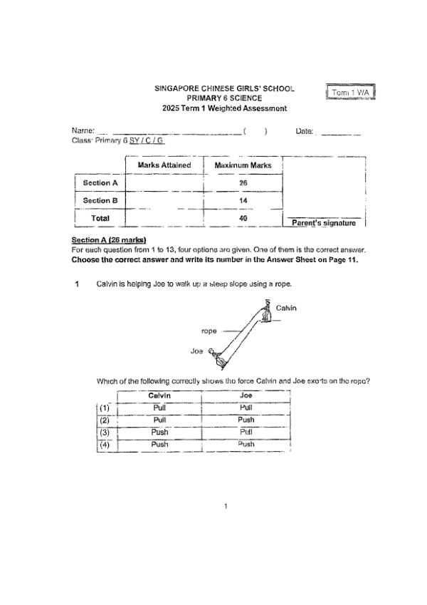 Singapore Chinese Girls P6 Sci WA1 2025 exam paper PDF first page preview