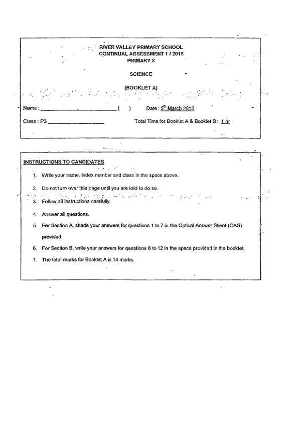 River Valley P3 Sci WA1 2015 exam paper PDF preview