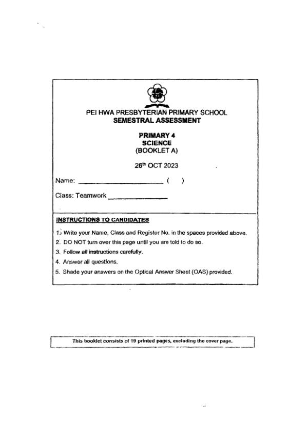 Pei Hwa P4 Sci SA2 2023 exam paper PDF preview