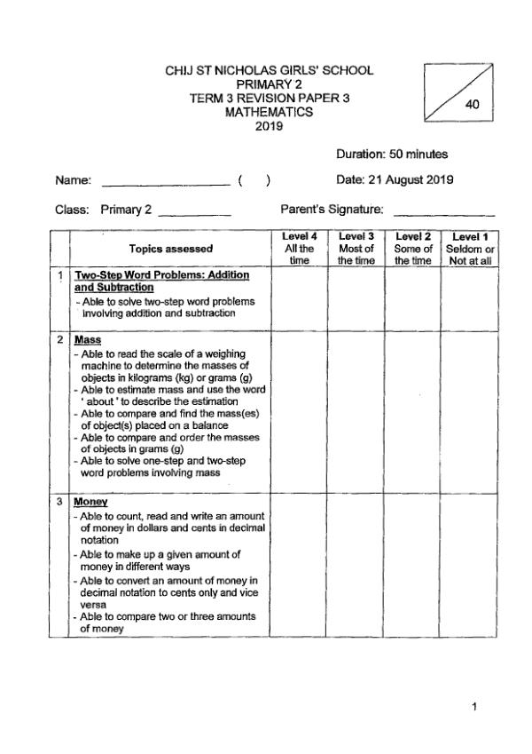 First page preview of P2 Math 2019 WA3 — CHIJ