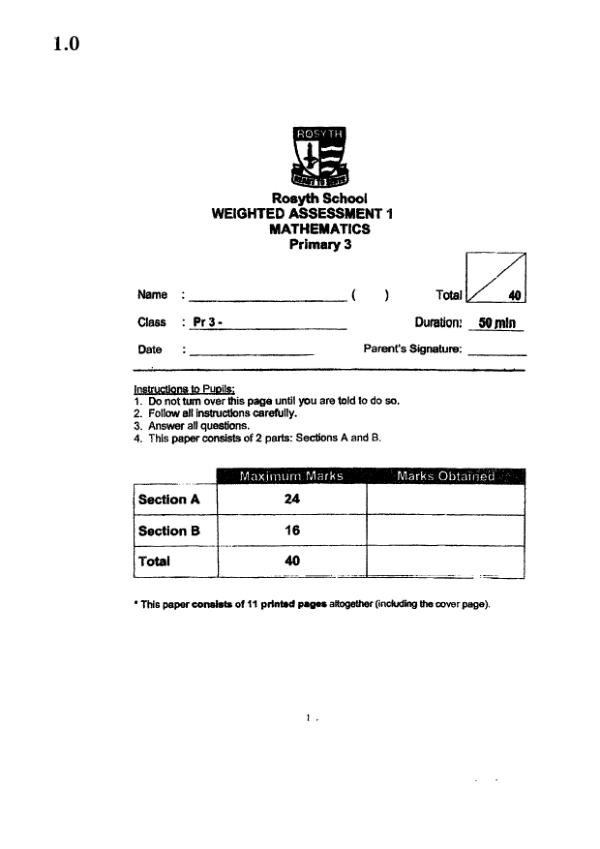 First page preview of P3 Math 2023 WA1 — Rosyth