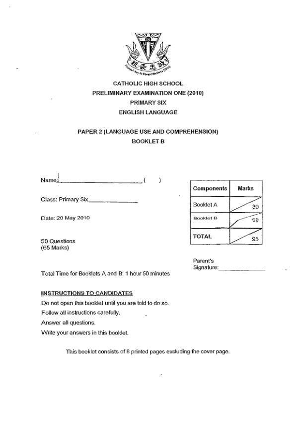 Catholic High P6 Eng SA2 2010 exam paper PDF first page preview