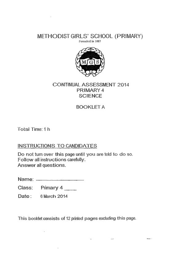 Methodist Girls P4 Sci WA1 2014 exam paper PDF preview