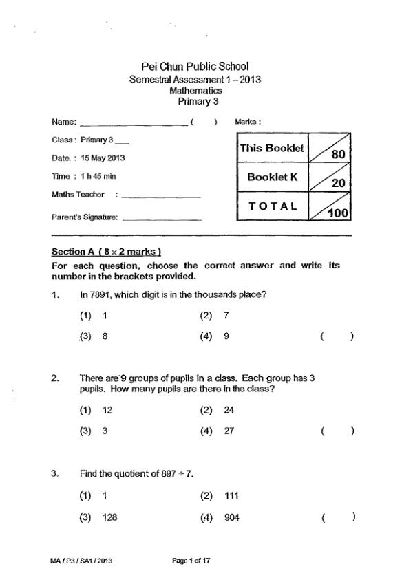 Pei Chun P3 Math WA2 2013 exam paper PDF preview