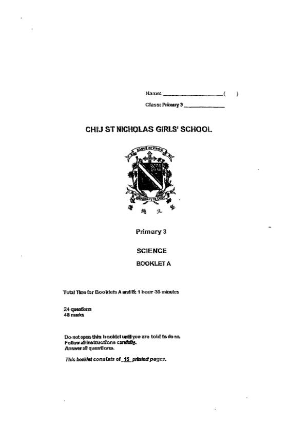 CHIJ P3 Sci SA2 2023 exam paper PDF preview
