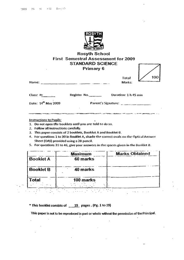Rosyth P6 Sci WA2 2009 exam paper PDF first page preview