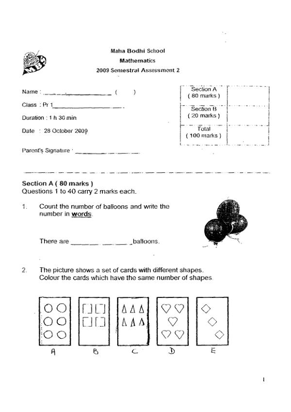 Maha Bodhi P1 Math SA2 2009 exam paper PDF preview