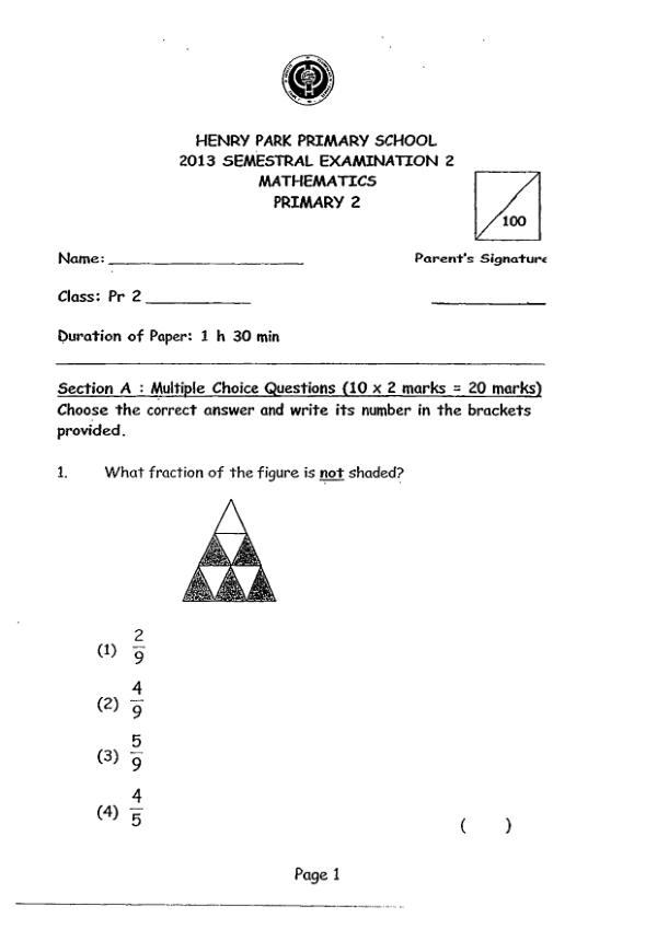 Henry Park P2 Math SA2 2013 exam paper PDF first page preview