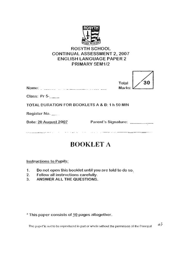 Rosyth P5 Eng WA3 2007 exam paper PDF preview