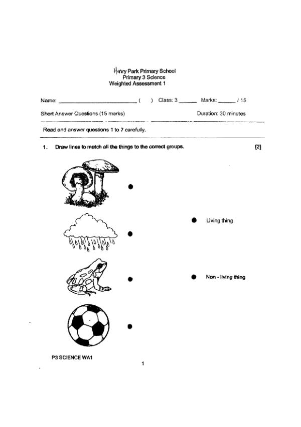 Henry Park P3 Sci WA1 2022 exam paper PDF preview