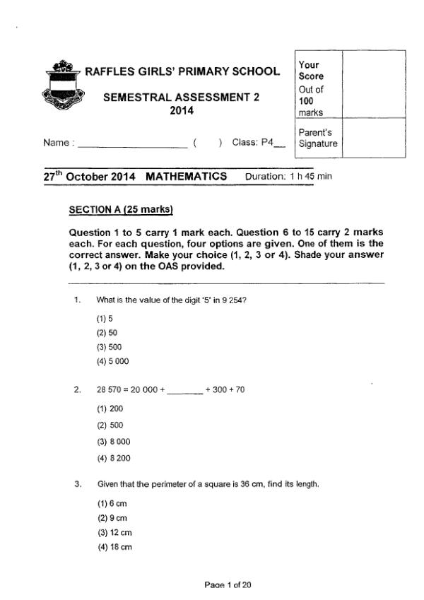 Raffles Girls P4 Math SA2 2014 exam paper PDF first page preview