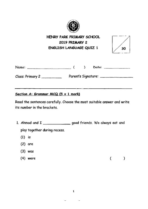 Henry Park P2 Eng WA2 2019 exam paper PDF first page preview