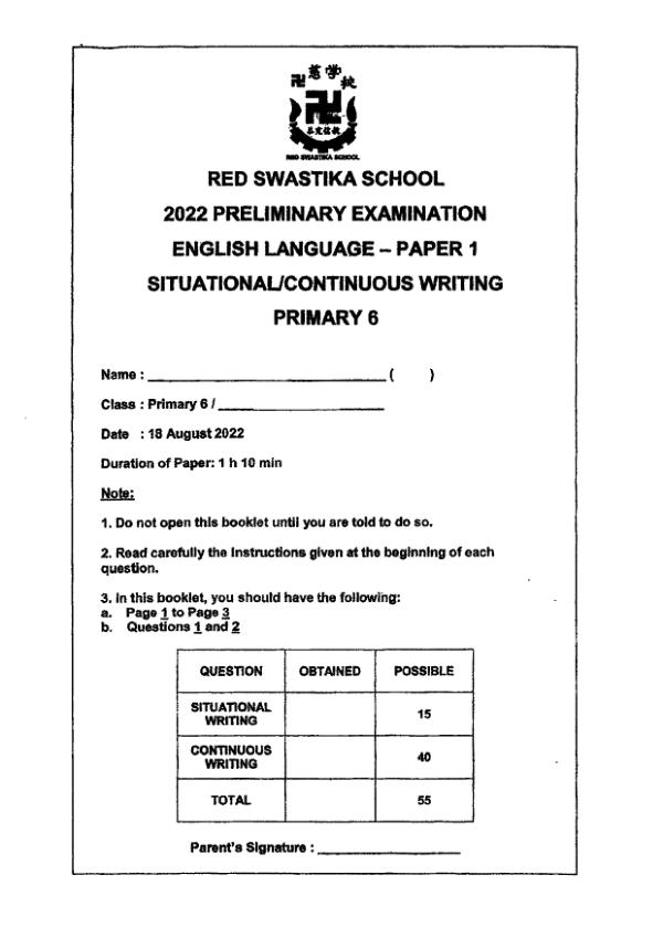 Red Swastika P6 Eng SA2 2022 exam paper PDF first page preview
