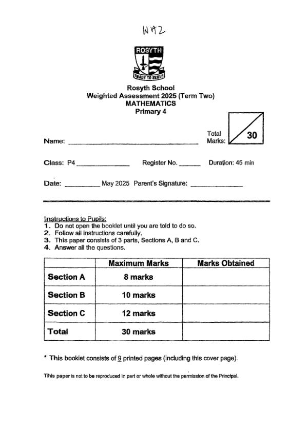 First page preview of P4 Math 2025 WA2 — Rosyth
