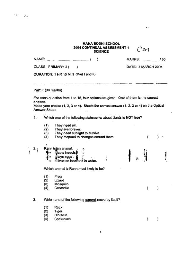 Maha Bodhi P3 Sci WA1 2004 exam paper PDF preview