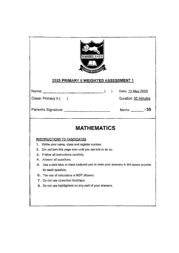 First page preview of P5 Math 2025 WA1 — Tao Nan