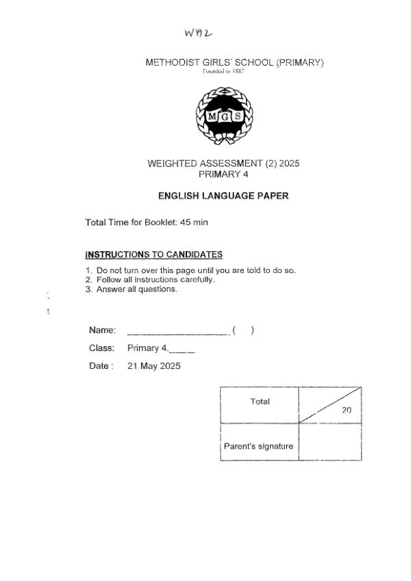 First page preview of P4 Eng 2025 WA2 — Methodist Girls
