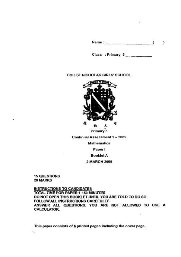 CHIJ P5 Math WA1 2009 exam paper PDF preview
