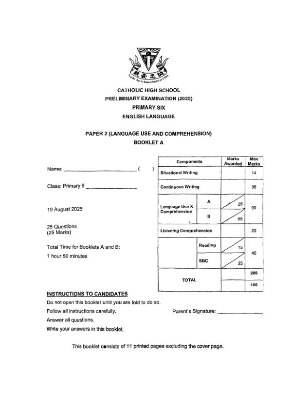 First page preview of P6 Eng 2025 SA2 — Catholic High