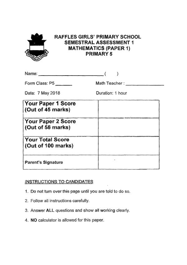 First page preview of P5 Math 2018 WA2 — Raffles Girls