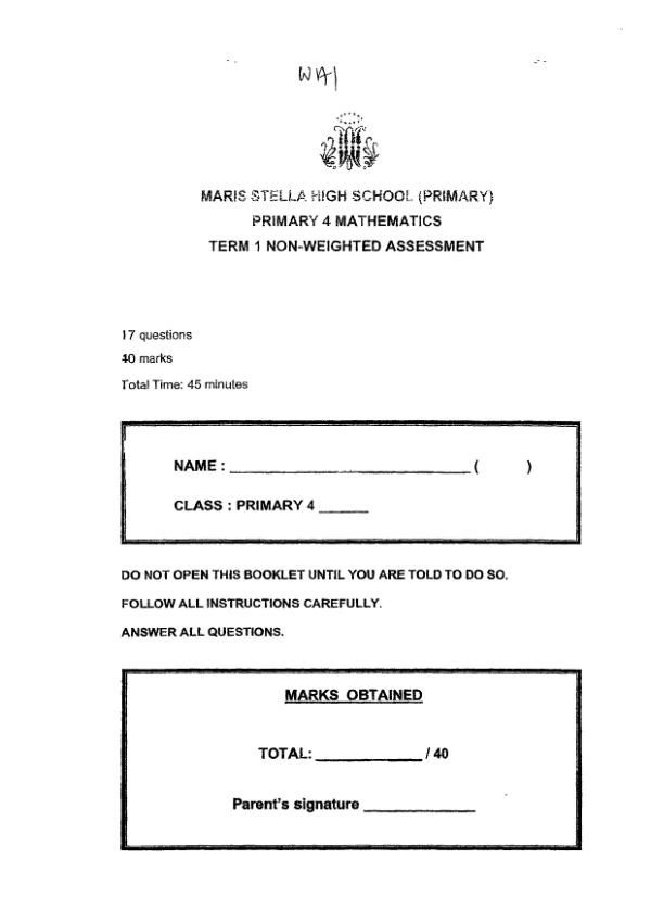 First page preview of P4 Math 2025 WA1 — Maris Stella High