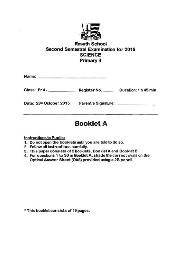 Rosyth P4 Sci SA2 2015 exam paper PDF first page preview
