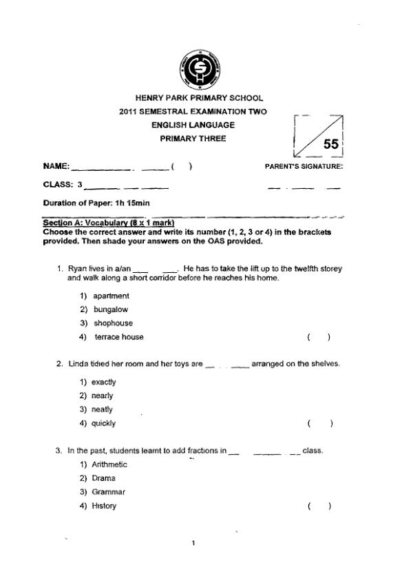 Henry Park P3 Eng SA2 2011 exam paper PDF preview