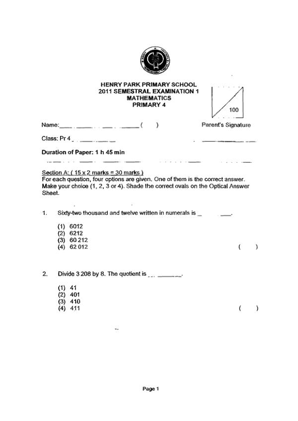 Henry Park P4 Math WA2 2011 exam paper PDF preview