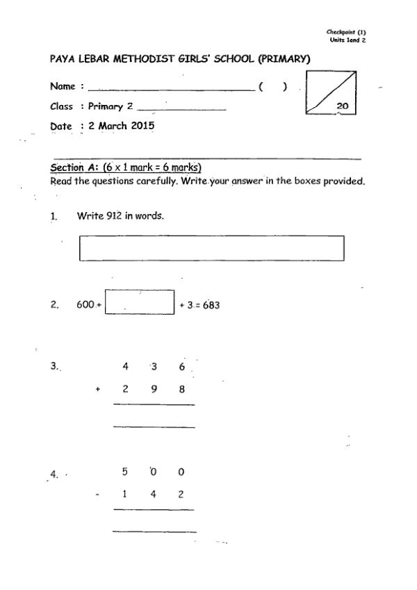 First page preview of P2 Math 2015 WA1 — Methodist Girls