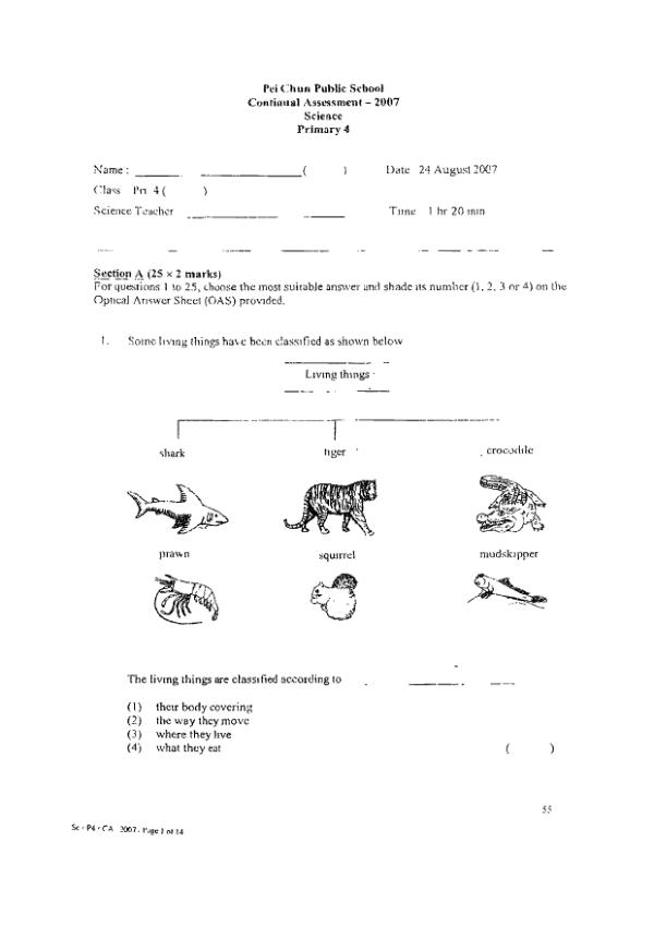 Pei Chun P4 Sci WA3 2007 exam paper PDF first page preview