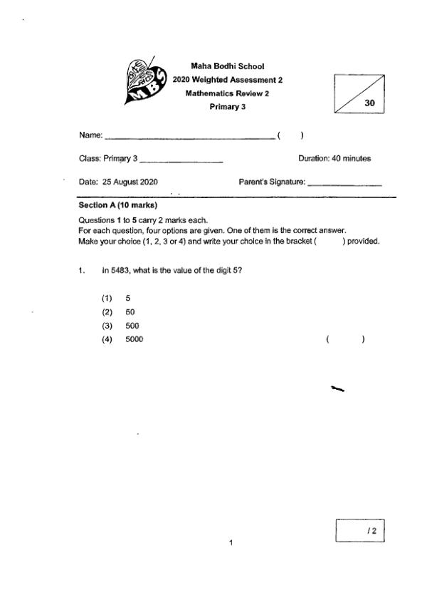 First page preview of P3 Math 2020 WA3 — Maha Bodhi