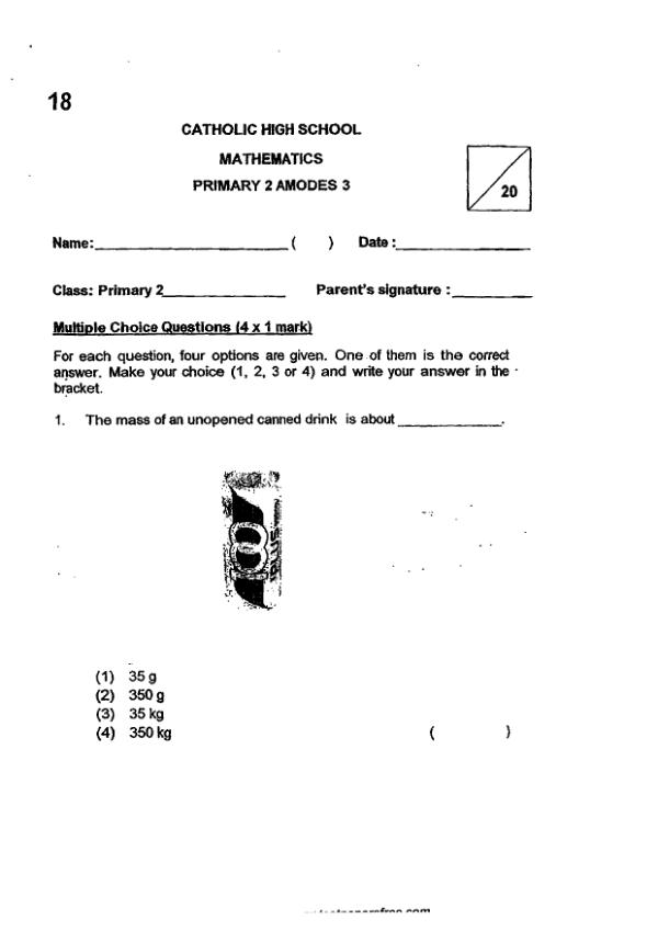 First page preview of P2 Math 2017 WA3 — Catholic High