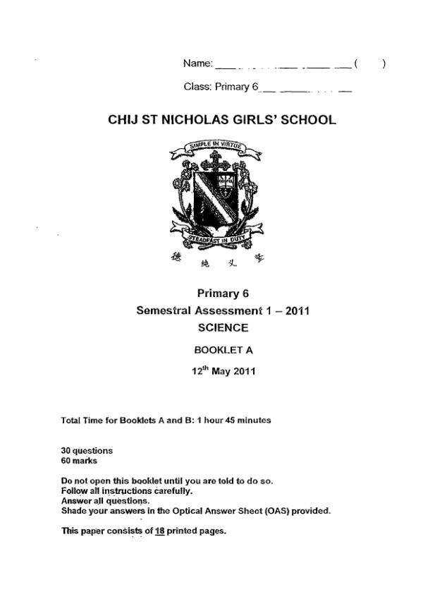 CHIJ P6 Sci WA2 2011 exam paper PDF preview
