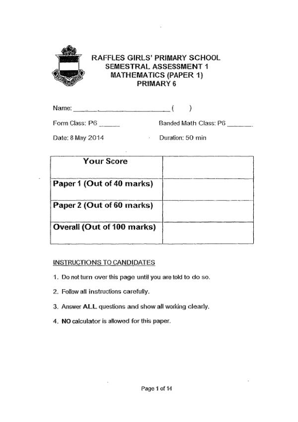 Raffles Girls P6 Math WA2 2014 exam paper PDF preview