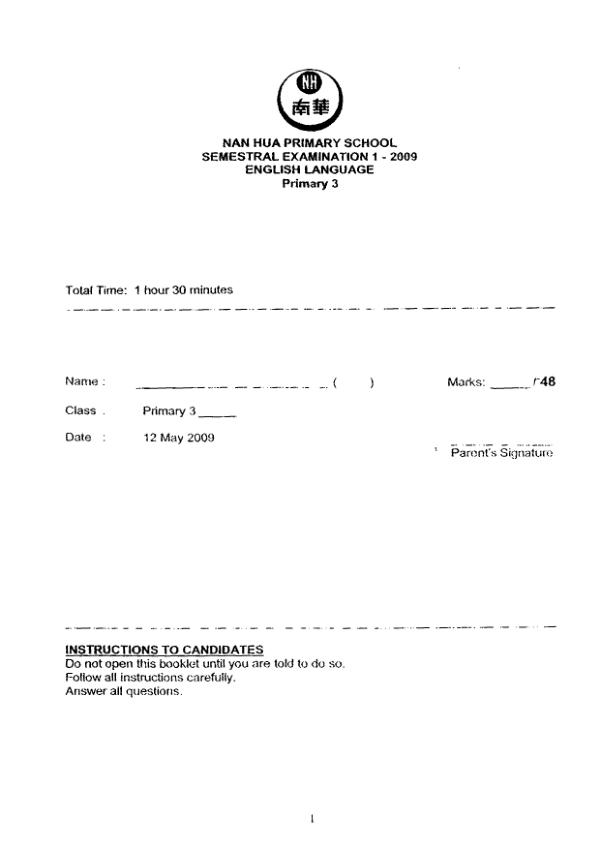 Nan Hua P3 Eng WA2 2009 exam paper PDF first page preview