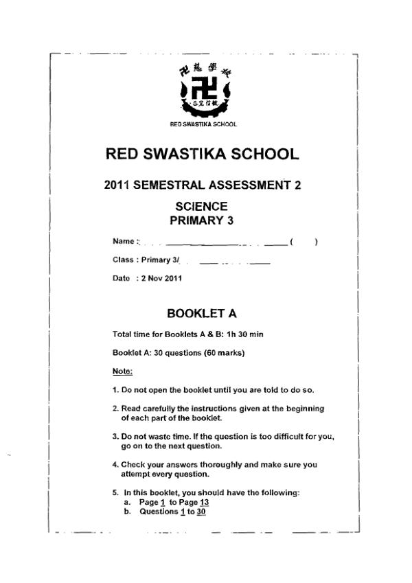 Red Swastika P3 Sci SA2 2011 exam paper PDF preview