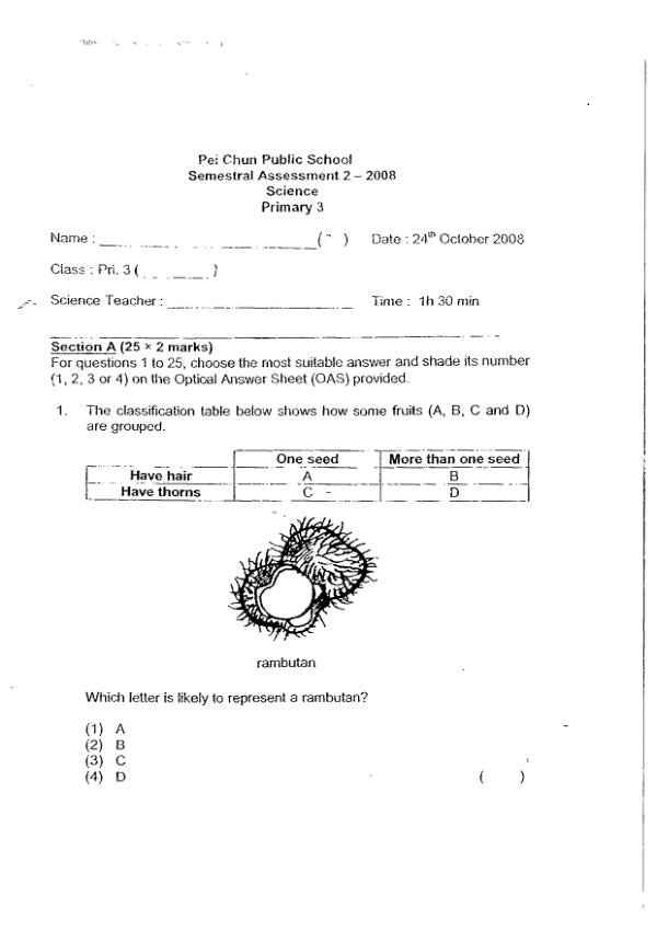 Pei Chun P3 Sci SA2 2008 exam paper PDF preview