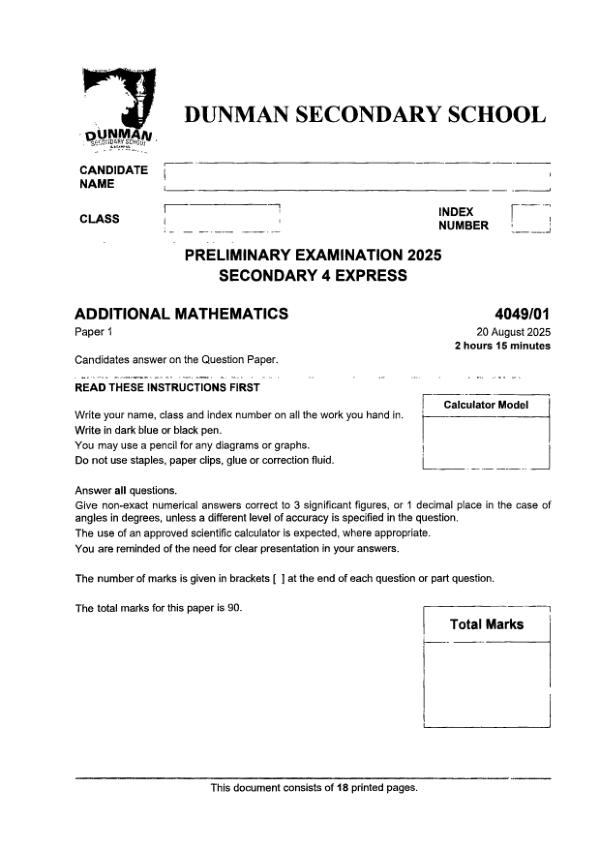 Dunman High Sec4 A_Maths Prelim 2025 exam paper PDF preview