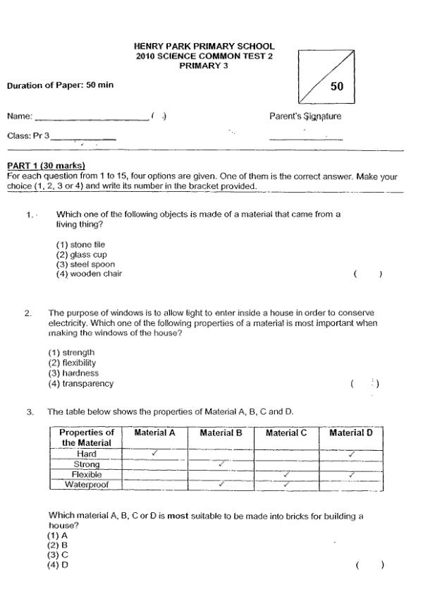 Henry Park P3 Sci WA3 2010 exam paper PDF first page preview