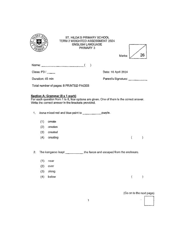 First page preview of P3 Eng 2024 WA2 — St Hildas