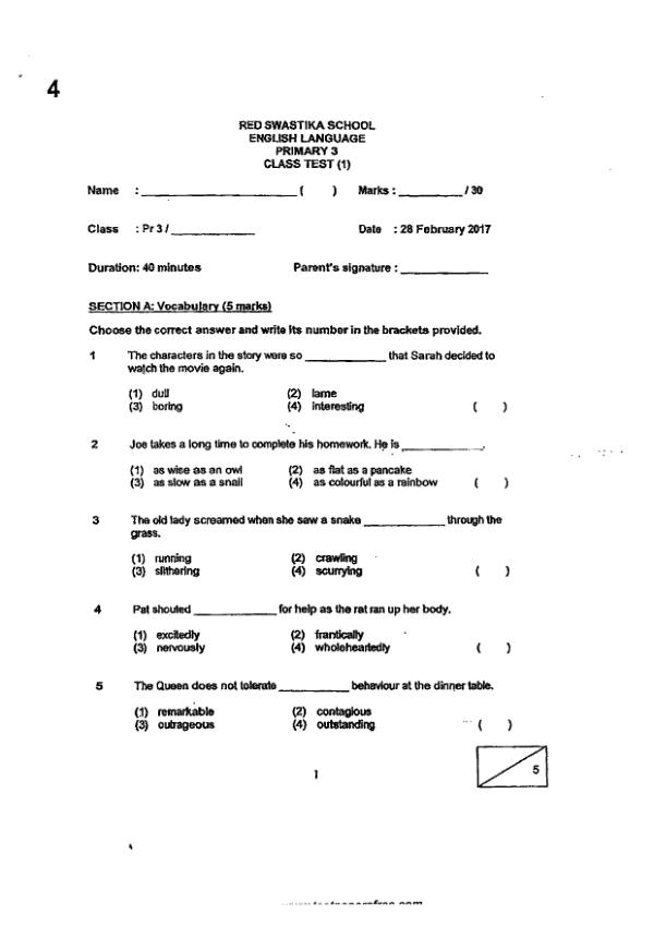 Red Swastika P3 Eng WA1 2017 exam paper PDF preview